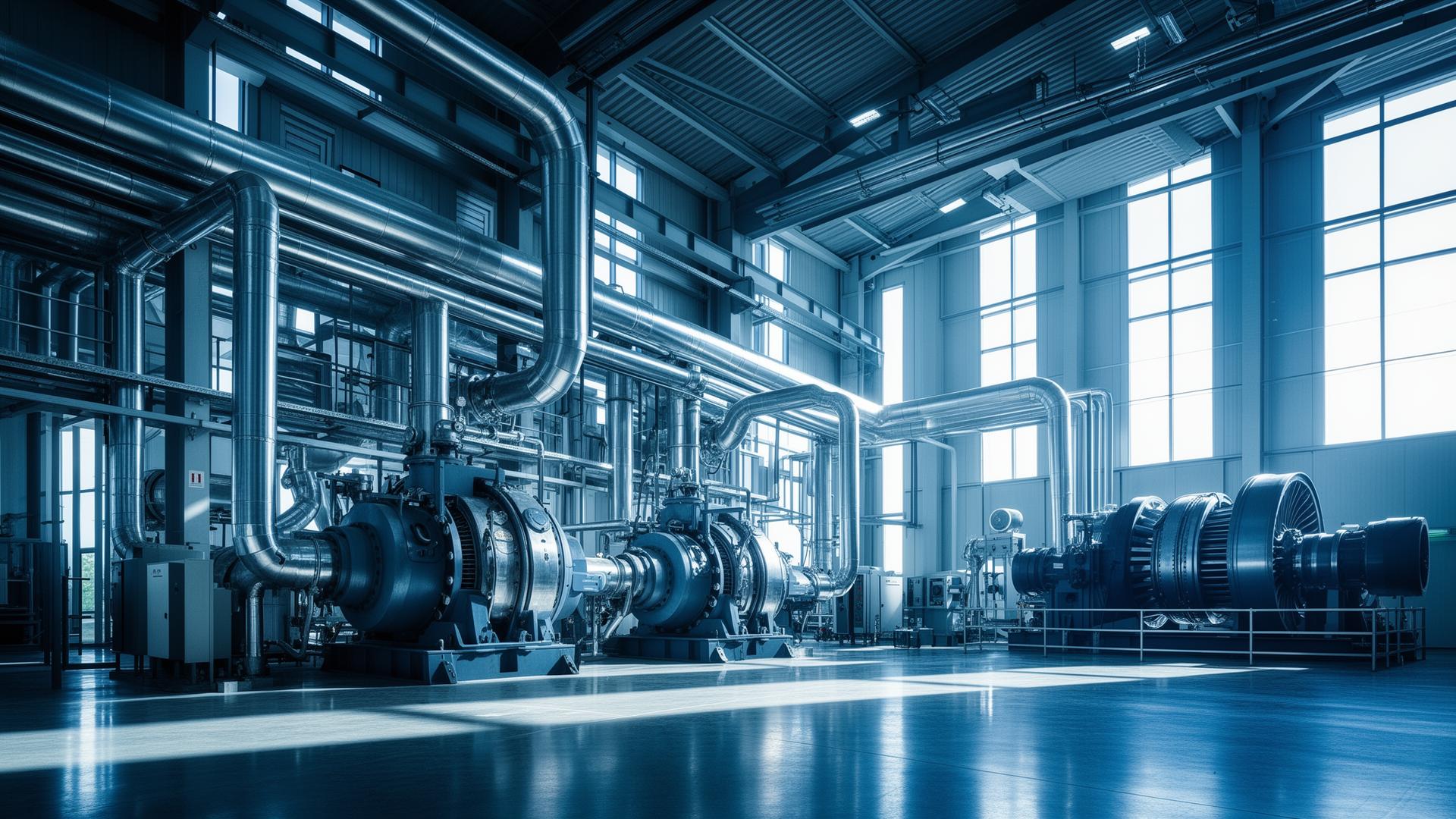 Industrial mechanical plant interior with turbines and piping